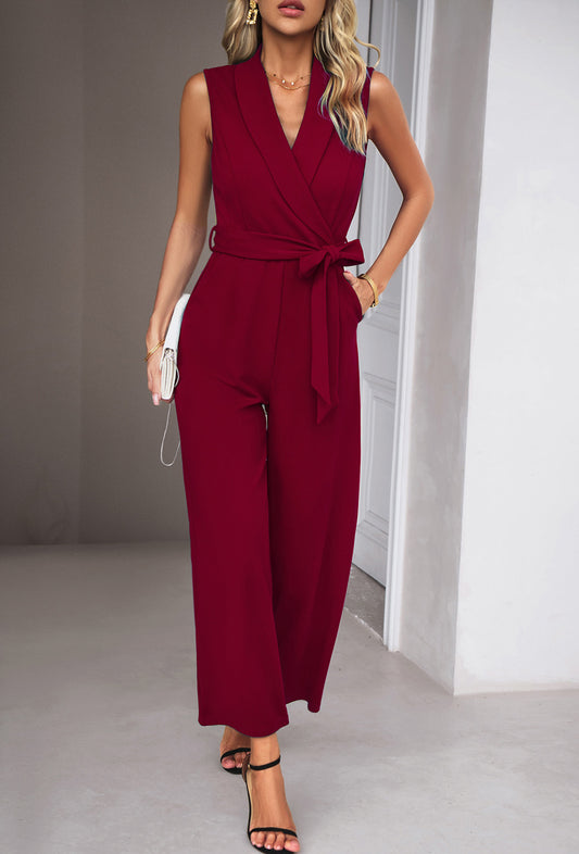 Wine Red  Casual Loose Vest Sleeveless V-Neck Jumpsuit