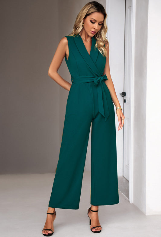 Green  Casual Loose Vest Sleeveless V-Neck Jumpsuit