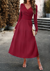 Wine Red Floral Print Long Sleeve Wrap V-Neck Maxi Dress