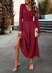 Wine Red Floral Print Long Sleeve Wrap V-Neck Maxi Dress