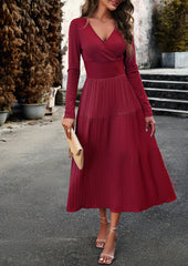 Wine Red Floral Print Long Sleeve Wrap V-Neck Maxi Dress
