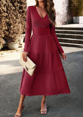 Wine Red Floral Print Long Sleeve Wrap V-Neck Maxi Dress