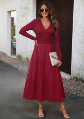 Wine Red Floral Print Long Sleeve Wrap V-Neck Maxi Dress
