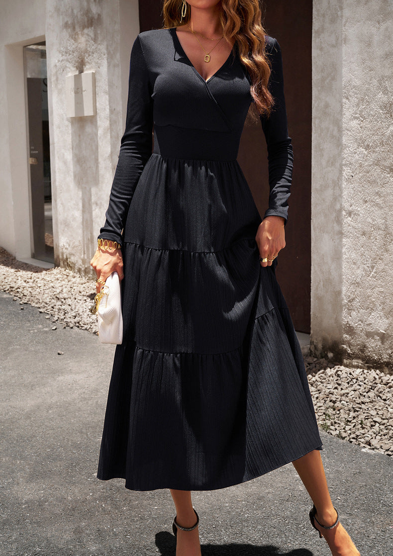 Black Floral Print Long Sleeve Wrap V-Neck Maxi Dress