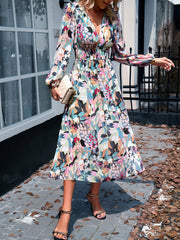 Green  Casual Long Sleeve V-Neck Printed Maxi Dress