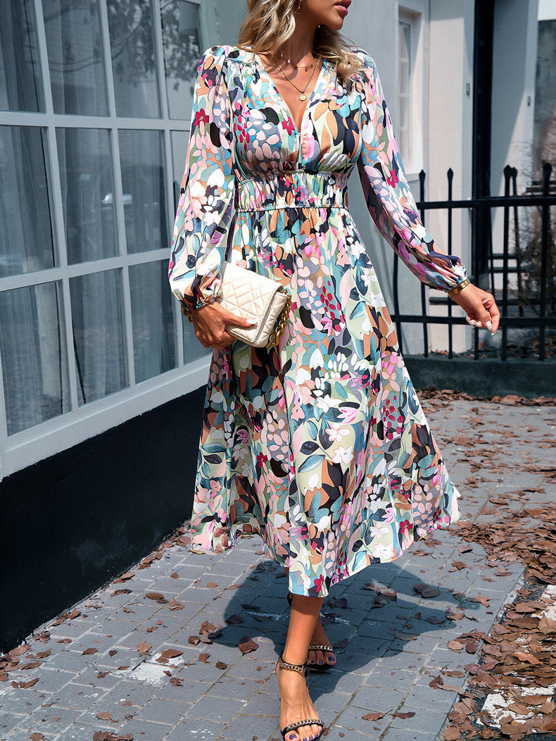 Casual Long Sleeve V-Neck Printed Maxi Dress