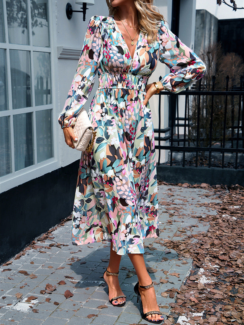 Casual Long Sleeve V-Neck Printed Maxi Dress