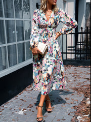 Green  Casual Long Sleeve V-Neck Printed Maxi Dress