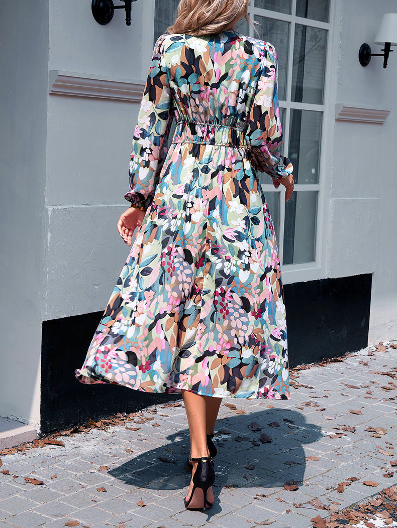 Casual Long Sleeve V-Neck Printed Maxi Dress