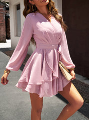 Pink Casual V-Neck Long-Sleeve Ruffled Mini Dress