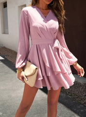 Pink Casual V-Neck Long-Sleeve Ruffled Mini Dress