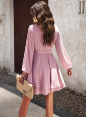 Pink Casual V-Neck Long-Sleeve Ruffled Mini Dress