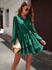 Green Casual V-neck Long-Sleeve Ruffled Mini Dress