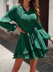 Green Casual V-neck Long-Sleeve Ruffled Mini Dress