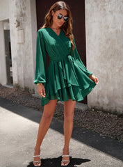 Green Casual V-neck Long-Sleeve Ruffled Mini Dress