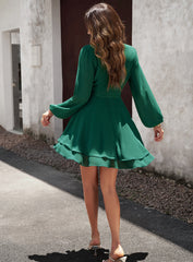 Green Casual V-neck Long-Sleeve Ruffled Mini Dress