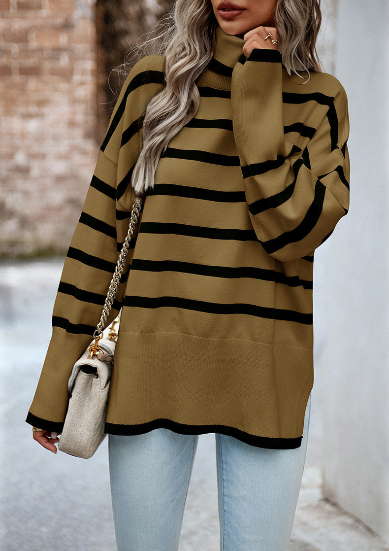 Brown Turtleneck Striped Long Sleeve Knitted Pullover