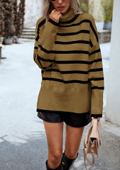 Brown Turtleneck Striped Long Sleeve Knitted Pullover