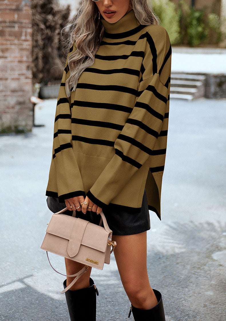 Brown Turtleneck Striped Long Sleeve Knitted Pullover