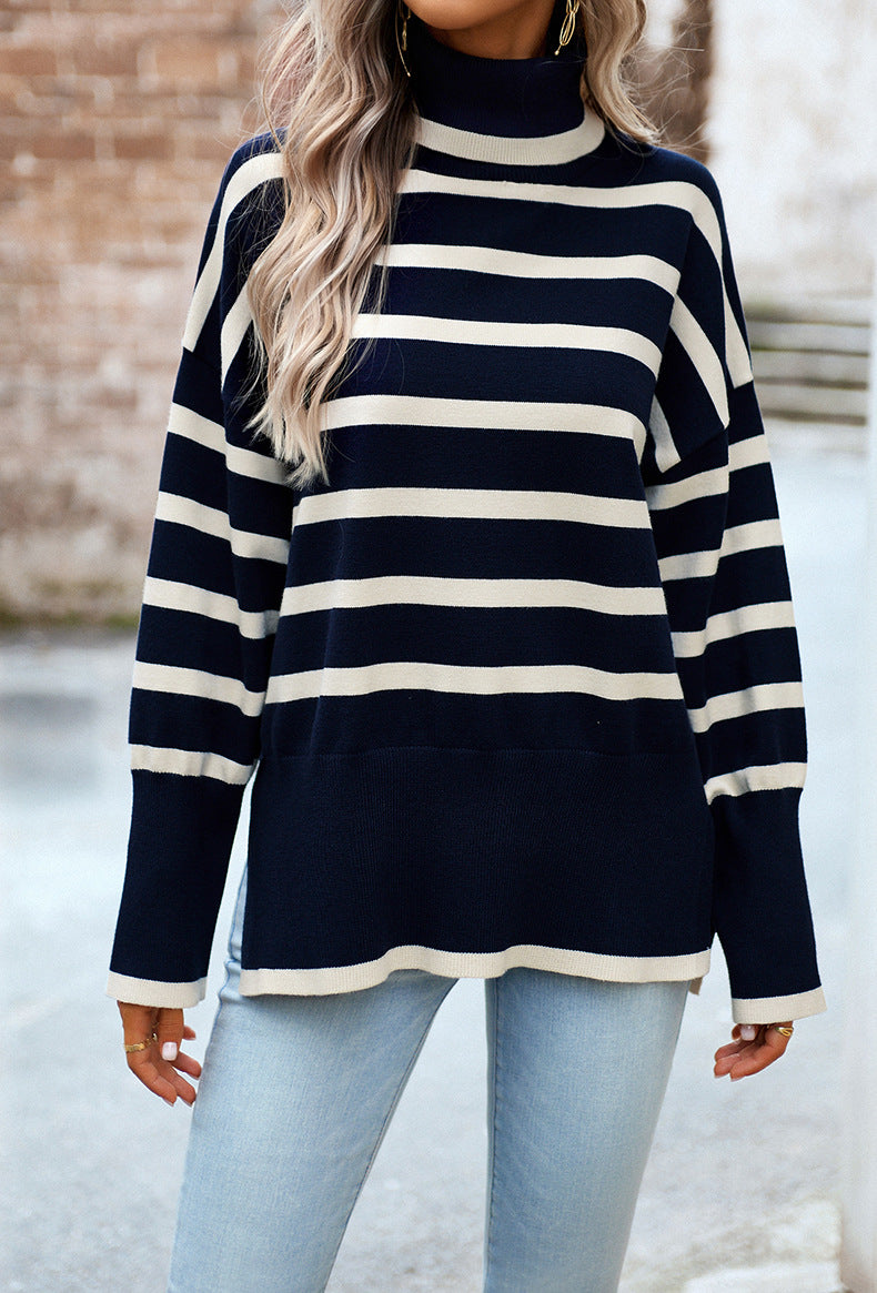 Navy Blue Turtleneck Striped Long Sleeve Knitted Pullover