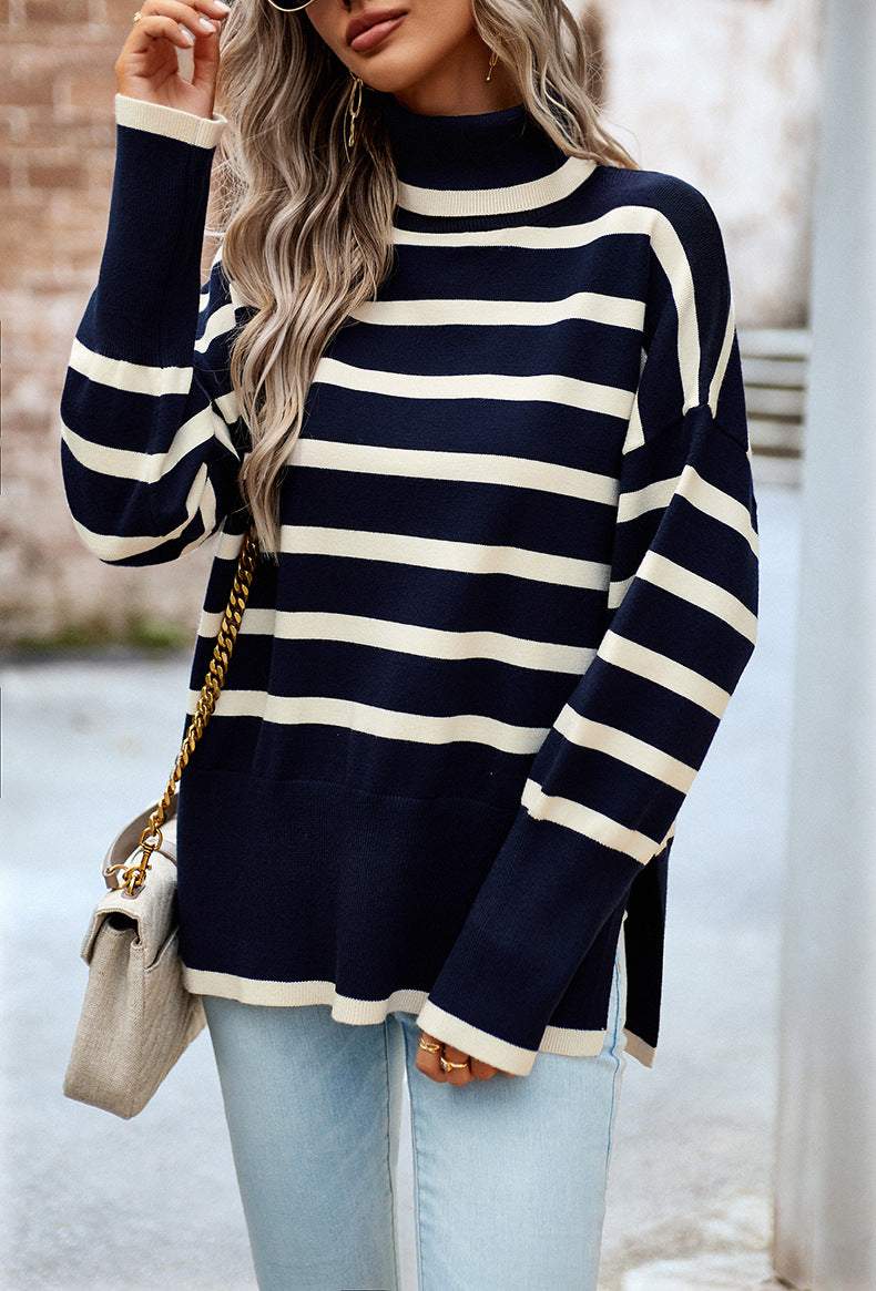 Navy Blue Turtleneck Striped Long Sleeve Knitted Pullover