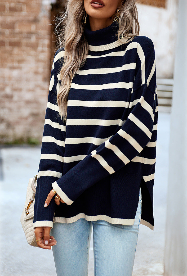 Navy Blue Turtleneck Striped Long Sleeve Knitted Pullover