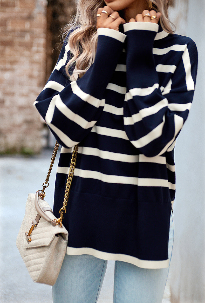 Navy Blue Turtleneck Striped Long Sleeve Knitted Pullover