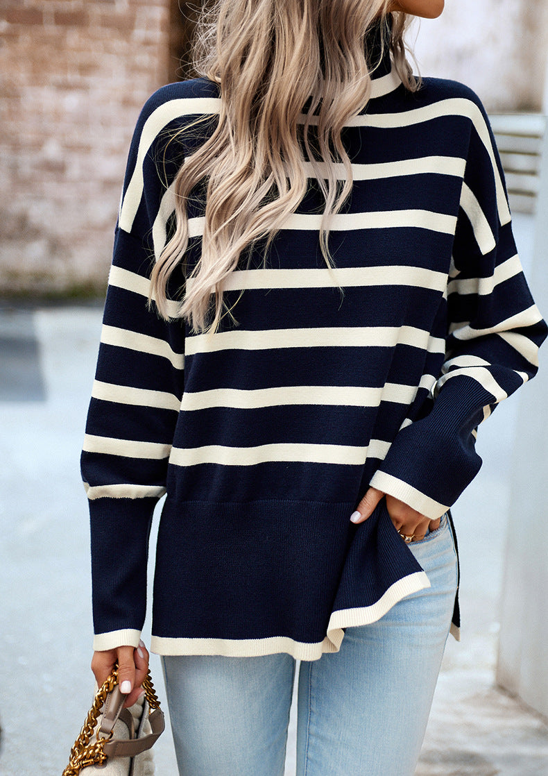 Navy Blue Turtleneck Striped Long Sleeve Knitted Pullover