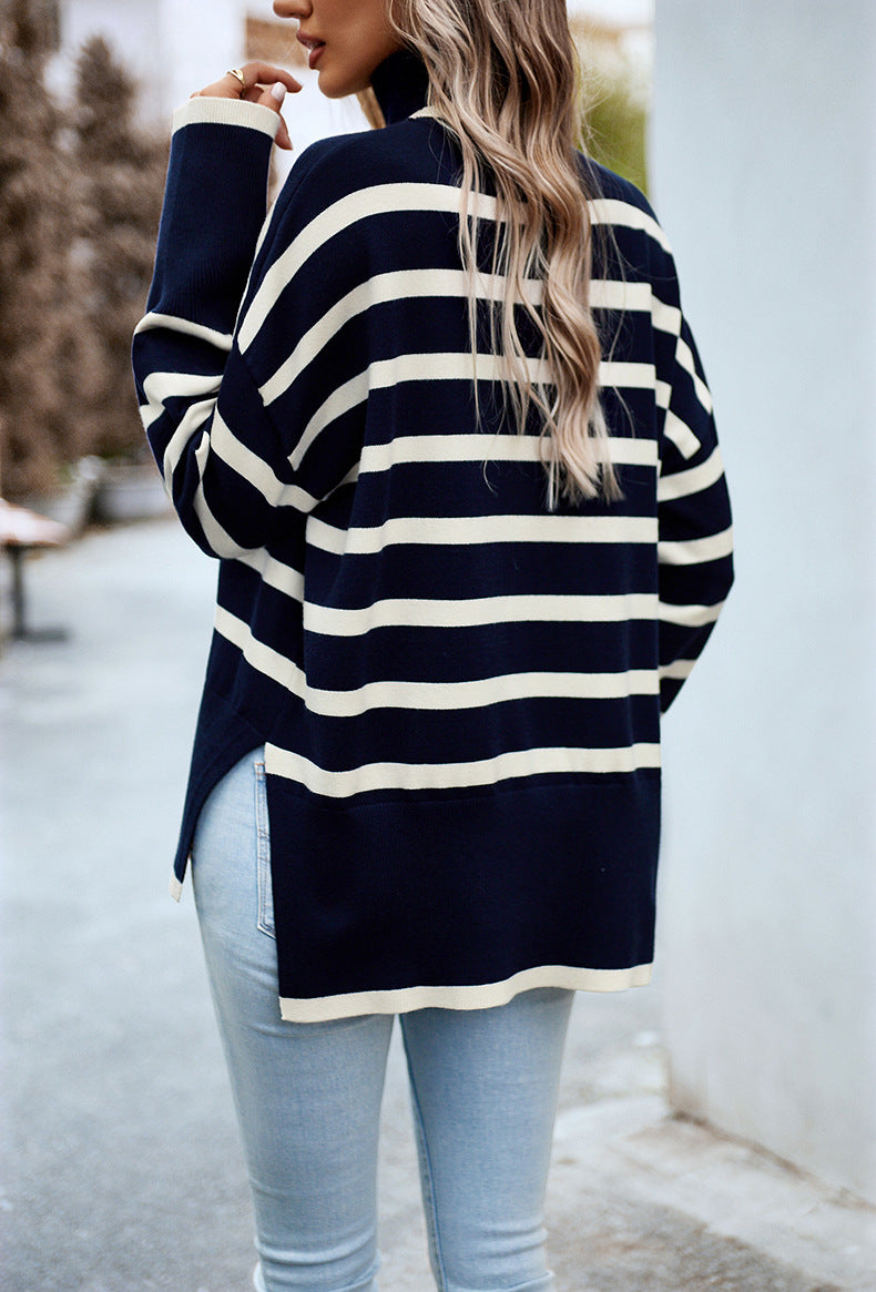 Navy Blue Turtleneck Striped Long Sleeve Knitted Pullover