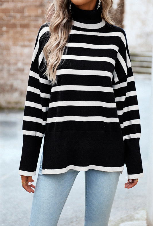 Black Turtleneck Striped Long Sleeve Knitted Pullover