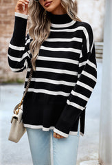 Black Turtleneck Striped Long Sleeve Knitted Pullover