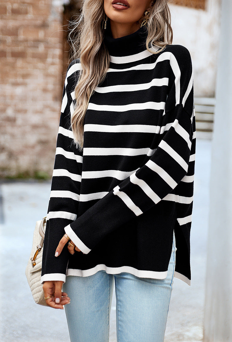 Black Turtleneck Striped Long Sleeve Knitted Pullover