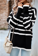 Black Turtleneck Striped Long Sleeve Knitted Pullover