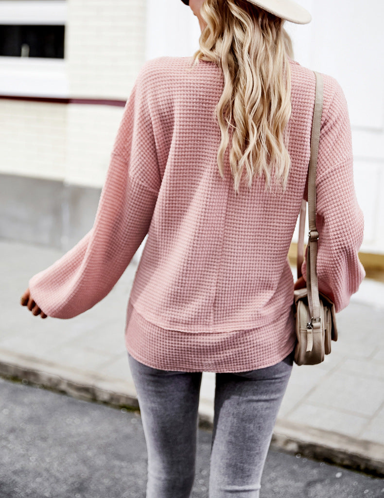 Pink Sweater Long Sleeve V-Neck Solid Color Top