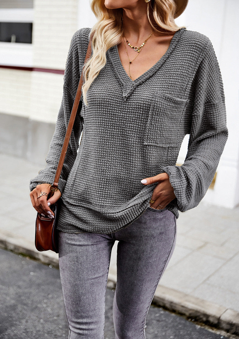 Gray  Sweater Long Sleeve V-Neck Solid Color Top