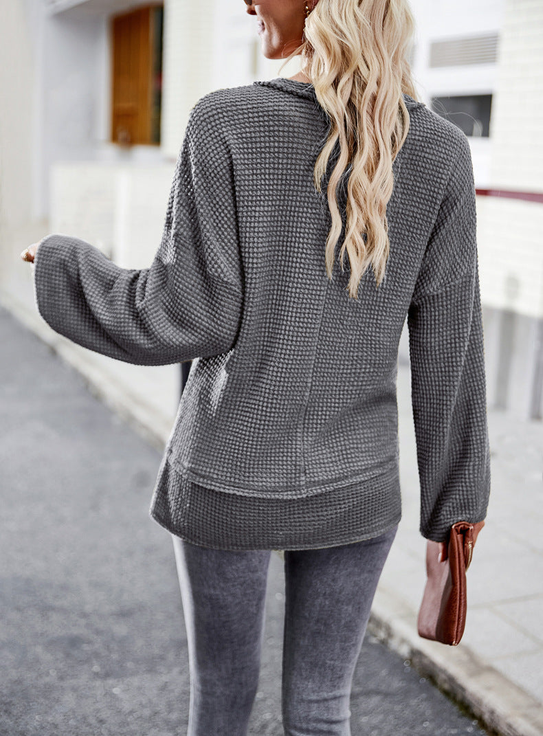 Gray  Sweater Long Sleeve V-Neck Solid Color Top