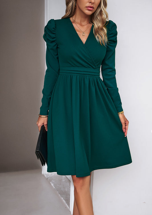 Green Long-Sleeved Deep V-Neck Loose Plain Long Dress