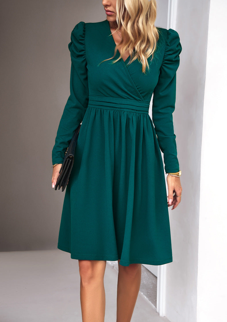 Green Long-Sleeved Deep V-Neck Loose Plain Long Dress