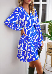 Blue Printed V-Neck Loose-Sleeved Ruffle Dress