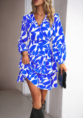 Blue Printed V-Neck Loose-Sleeved Ruffle Dress