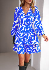 Blue Printed V-Neck Loose-Sleeved Ruffle Dress