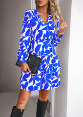 Blue Printed V-Neck Loose-Sleeved Ruffle Dress