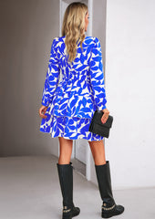 Blue Printed V-Neck Loose-Sleeved Ruffle Dress