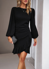 Black Long Puff Sleeve Waist Folds Hip-covering Dress