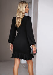 Black Long Puff Sleeve Waist Folds Hip-covering Dress