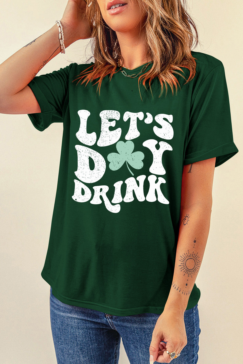 Green Lets Day Drink Clover Print Round Neck T Shirt