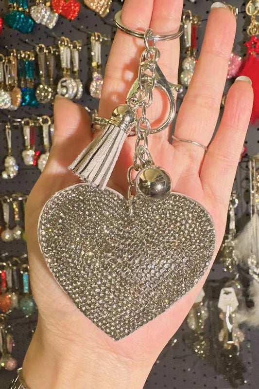 Gold Full Rhinestone Heart Pendant Tassel Key Ring