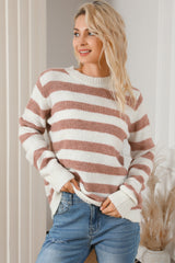 Brown Striped Round Neck Casual Sweater