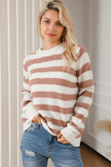 Brown Striped Round Neck Casual Sweater