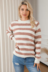 Brown Striped Round Neck Casual Sweater